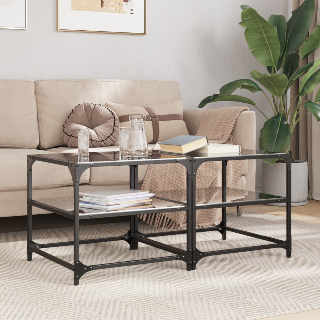 vidaXL Coffee Tables with Black Glass Top 2 pcs 50x50x45 cm Steel