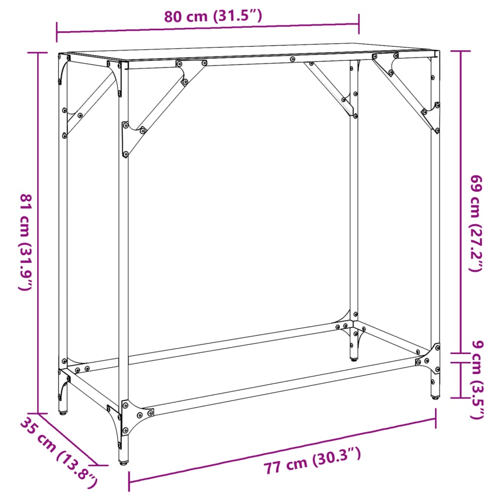 vidaXL Console Table with Black Glass Top 80x35x81 cm Steel