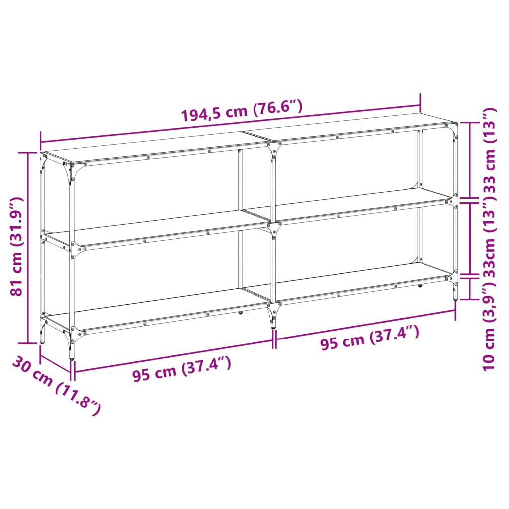 vidaXL Console Table with Black Glass Top 194.5x30x81 cm Steel