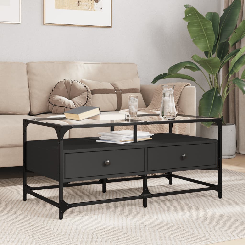 vidaXL Coffee Table with Glass Top Black 98.5x50x45 cm Steel