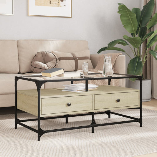 vidaXL Coffee Table with Glass Top Sonoma Oak 98.5x50x45 cm Steel