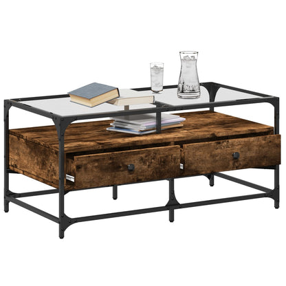 vidaXL Coffee Table with Glass Top Smoked Oak 98.5x50x45 cm Steel