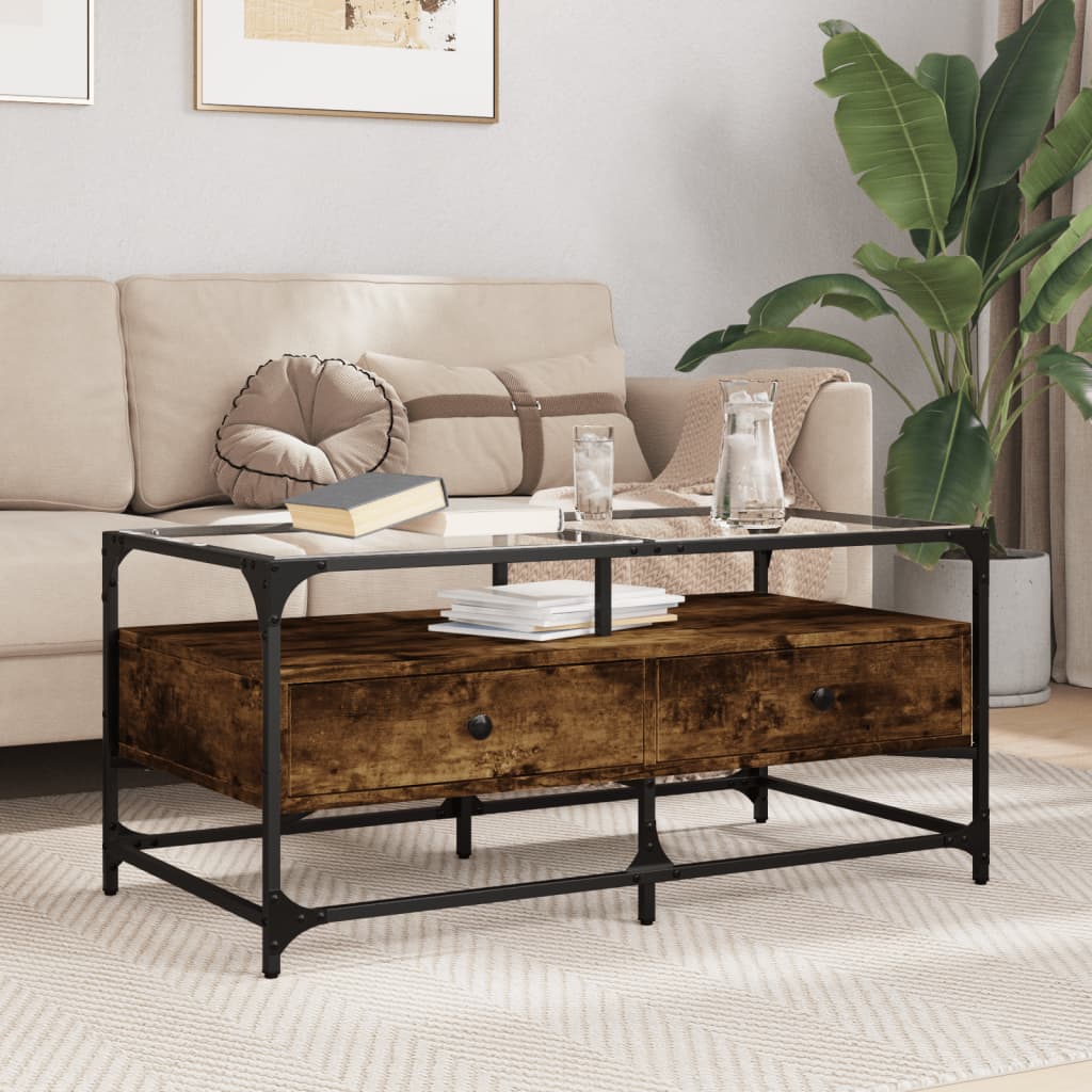 vidaXL Coffee Table with Glass Top Smoked Oak 98.5x50x45 cm Steel