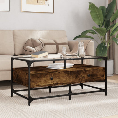 vidaXL Coffee Table with Glass Top Smoked Oak 98.5x50x45 cm Steel