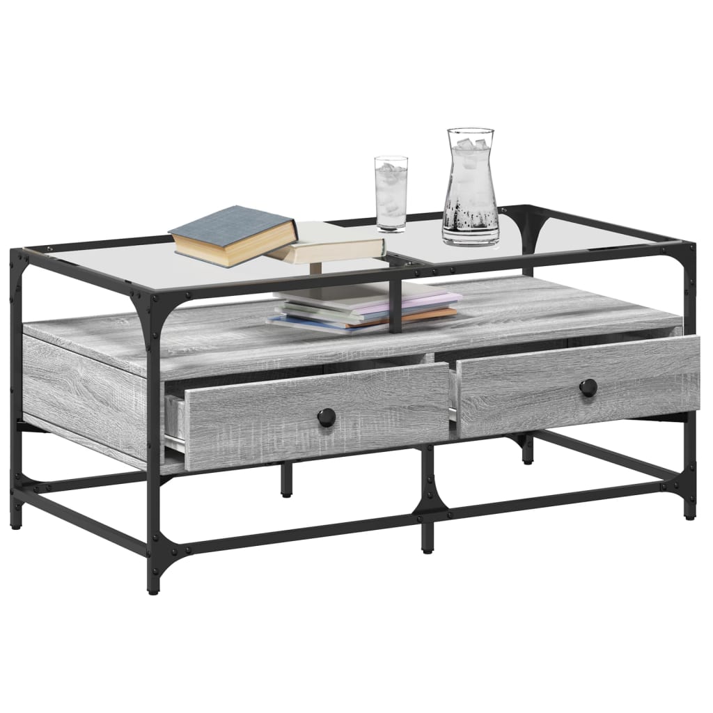 vidaXL Coffee Table with Glass Top Grey Sonoma 98,5x50x45 cm Steel