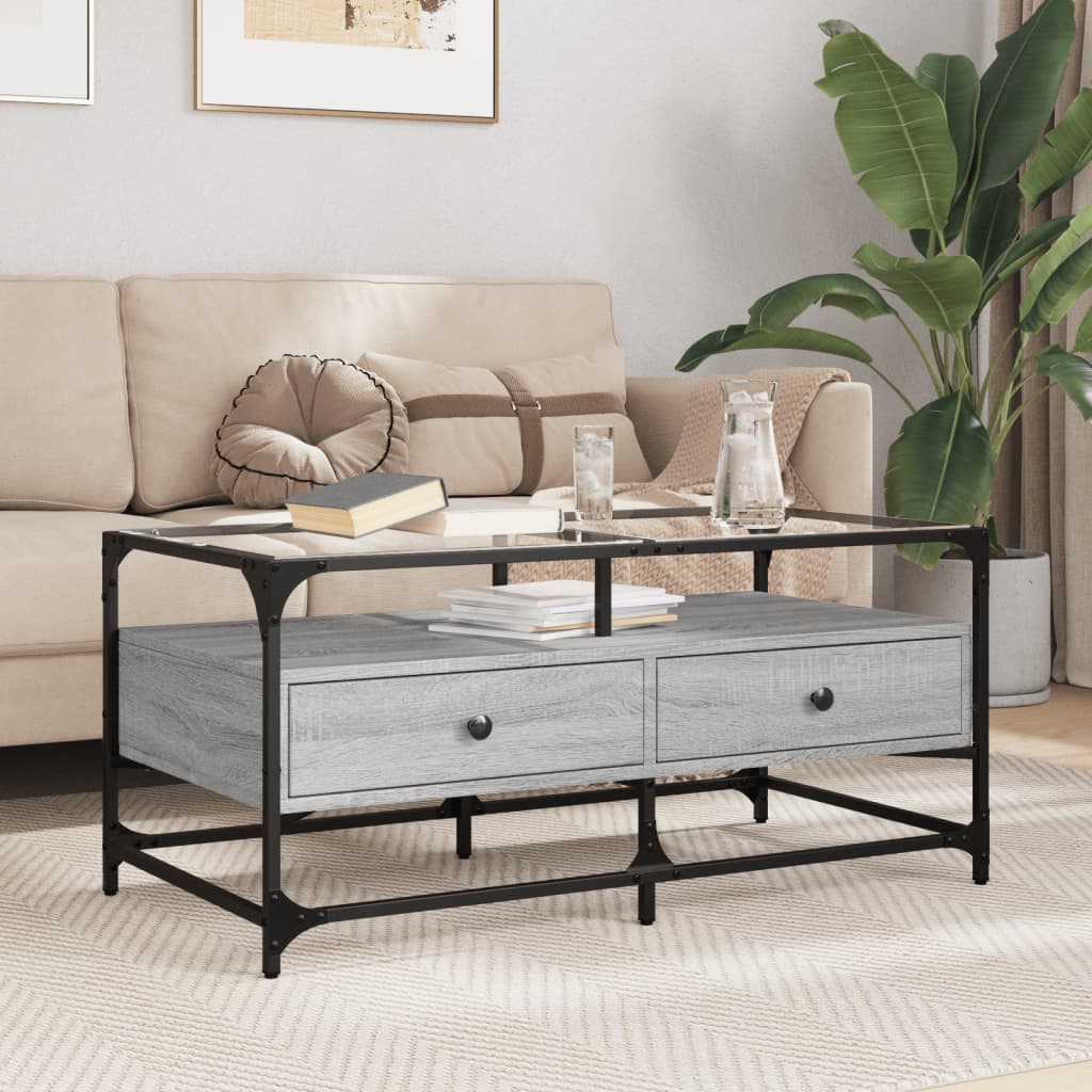 vidaXL Coffee Table with Glass Top Grey Sonoma 98.5x50x45 cm Steel