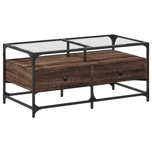 vidaXL Coffee Table with Glass Top Brown Oak 98.5x50x45 cm Steel