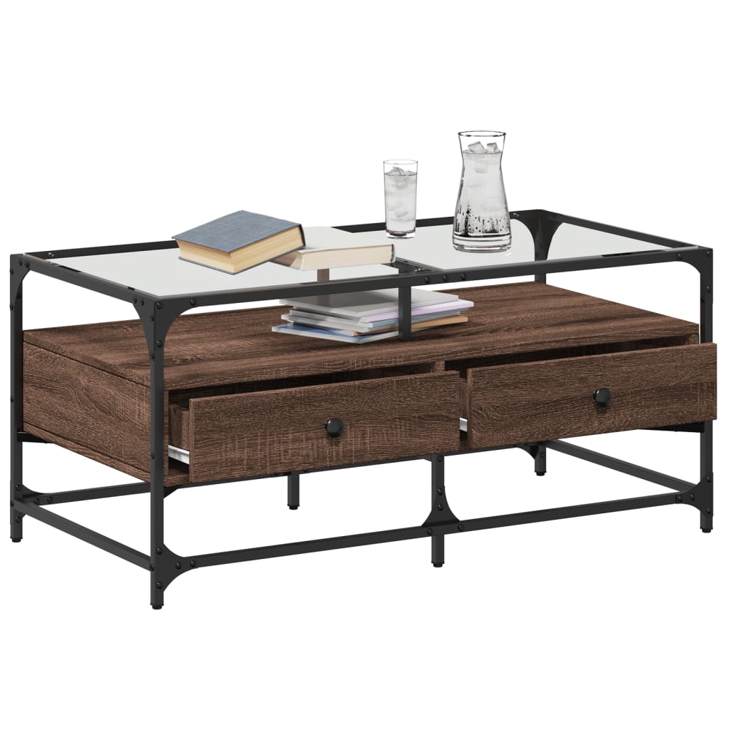 vidaXL Coffee Table with Glass Top Brown Oak 98.5x50x45 cm Steel