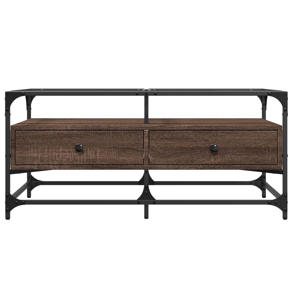 vidaXL Coffee Table with Glass Top Brown Oak 98.5x50x45 cm Steel