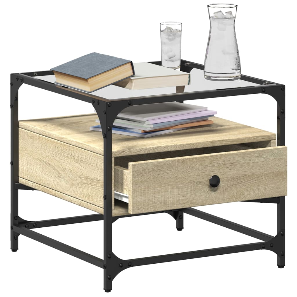 vidaXL Coffee Table with Glass Top Sonoma Oak 50x50x45 cm Steel