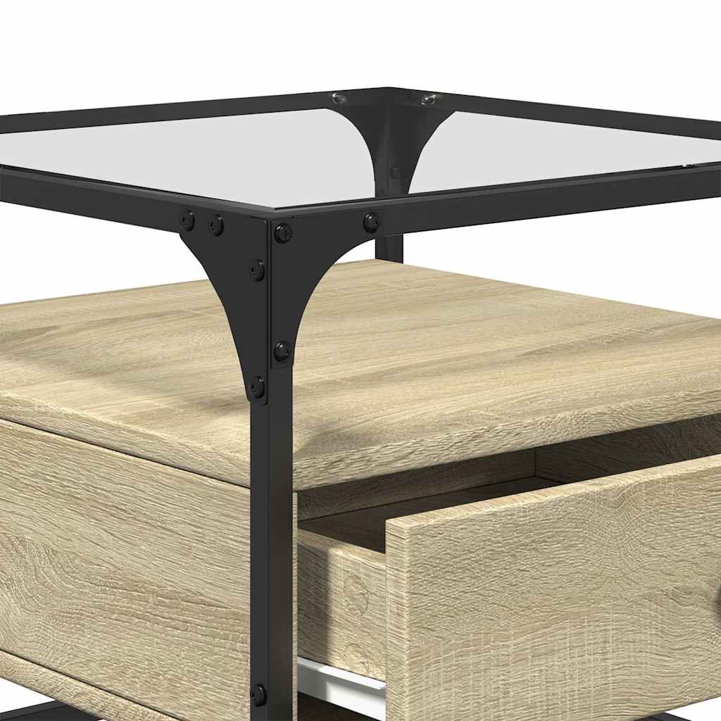 vidaXL Coffee Table with Glass Top Sonoma Oak 50x50x45 cm Steel