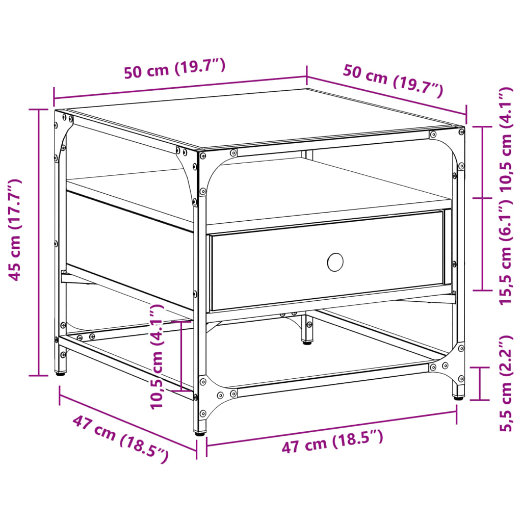 vidaXL Coffee Table with Glass Top Sonoma Oak 50x50x45 cm Steel