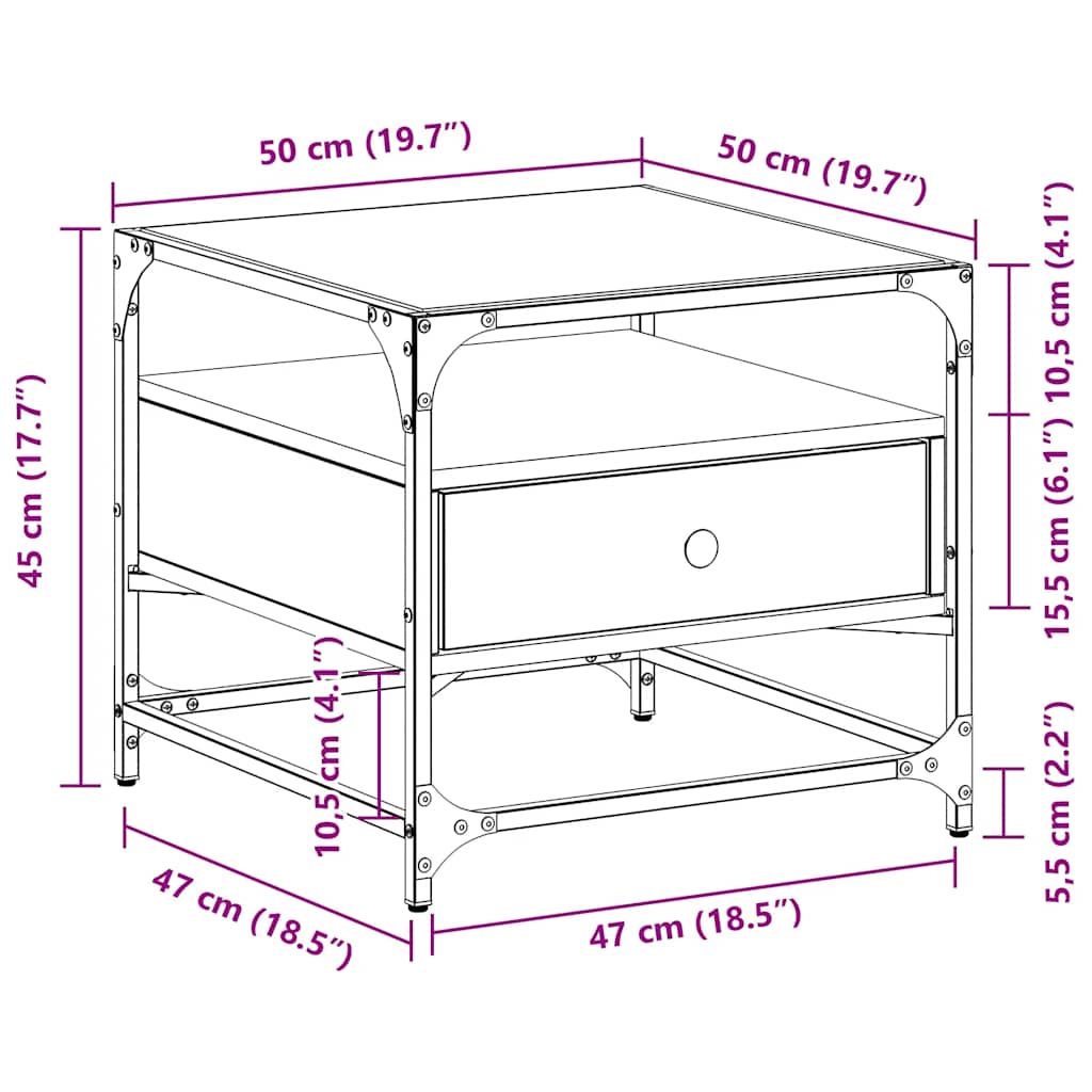 vidaXL Coffee Table with Glass Top Sonoma Oak 50x50x45 cm Steel