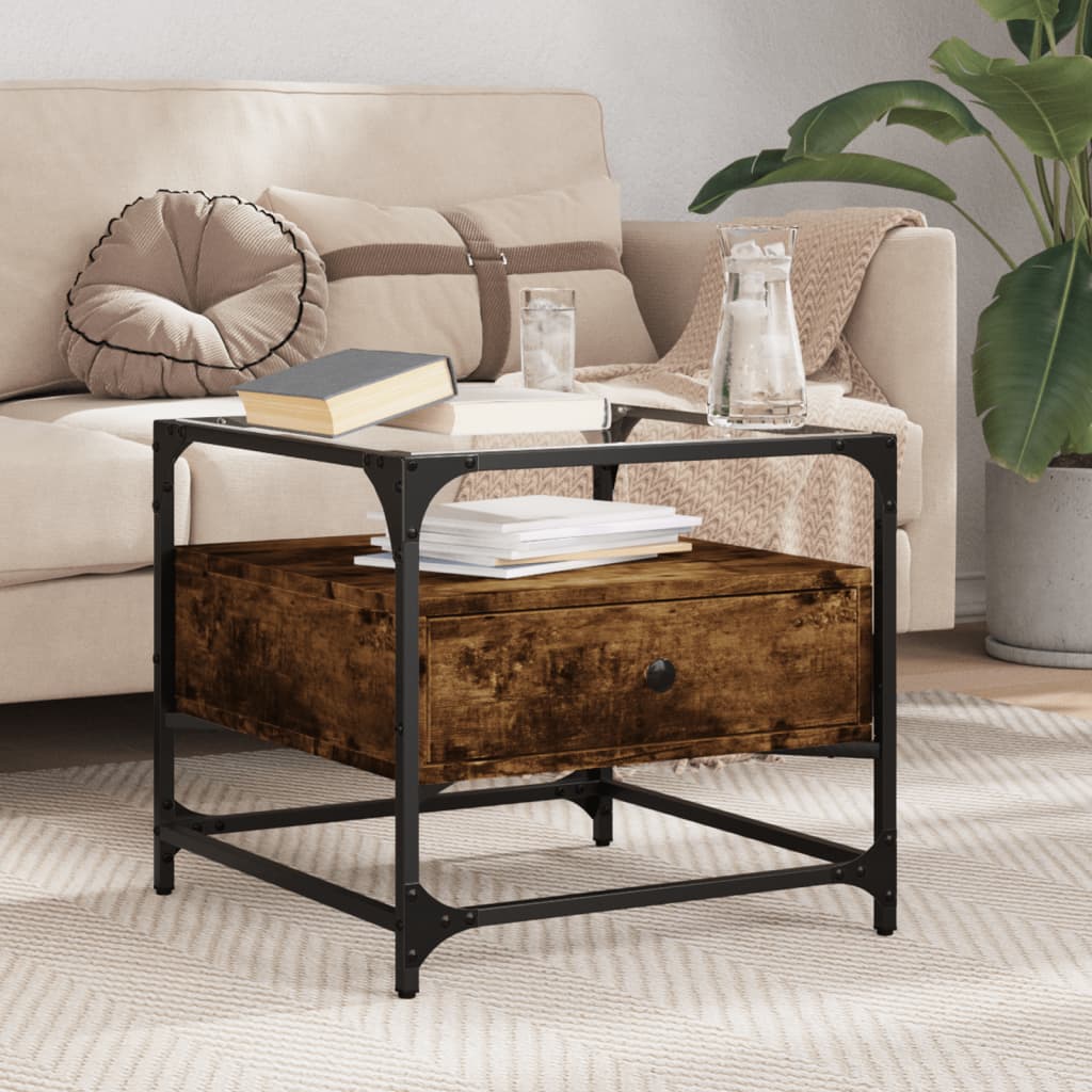 vidaXL Coffee Table with Glass Top Smoked Oak 50x50x45 cm Steel