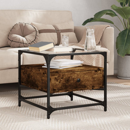 vidaXL Coffee Table with Glass Top Smoked Oak 50x50x45 cm Steel