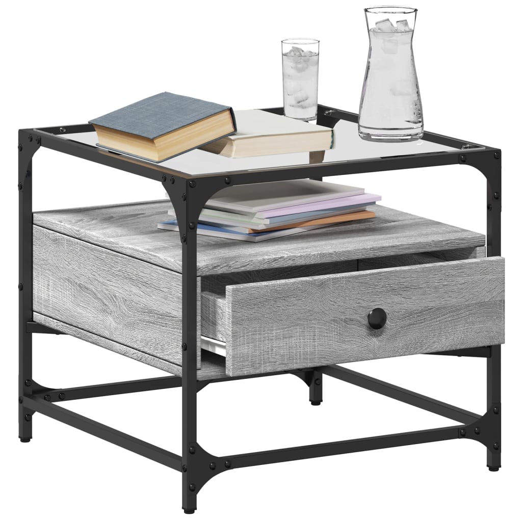 vidaXL Coffee Table with Glass Top Grey Sonoma 50x50x45 cm Steel