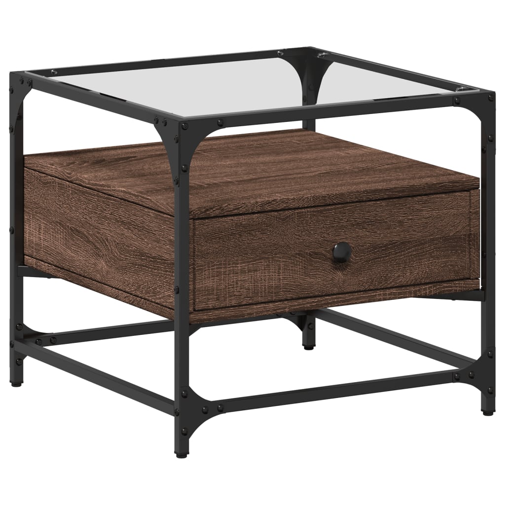 vidaXL Coffee Table with Glass Top Brown Oak 50x50x45 cm Steel
