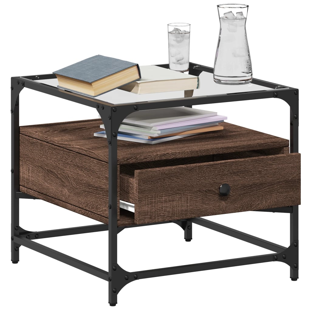 vidaXL Coffee Table with Glass Top Brown Oak 50x50x45 cm Steel