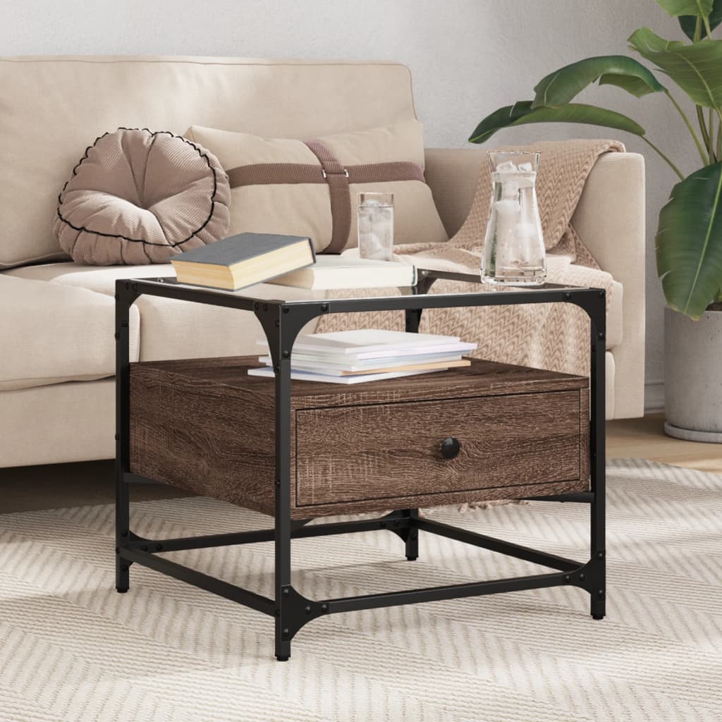 vidaXL Coffee Table with Glass Top Brown Oak 50x50x45 cm Steel