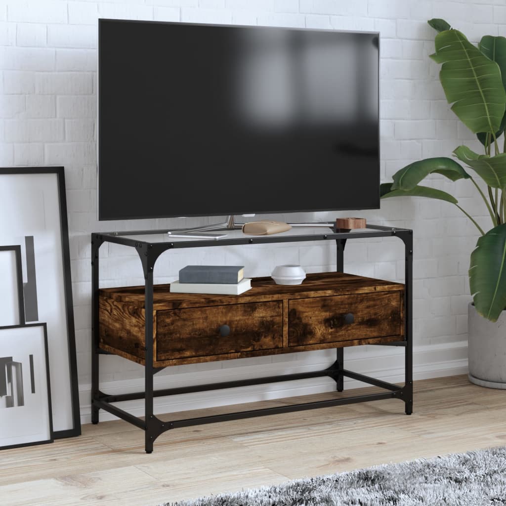 vidaXL TV Cabinet with Glass Top Smoked Oak 80x35x51cm Engineered Wood