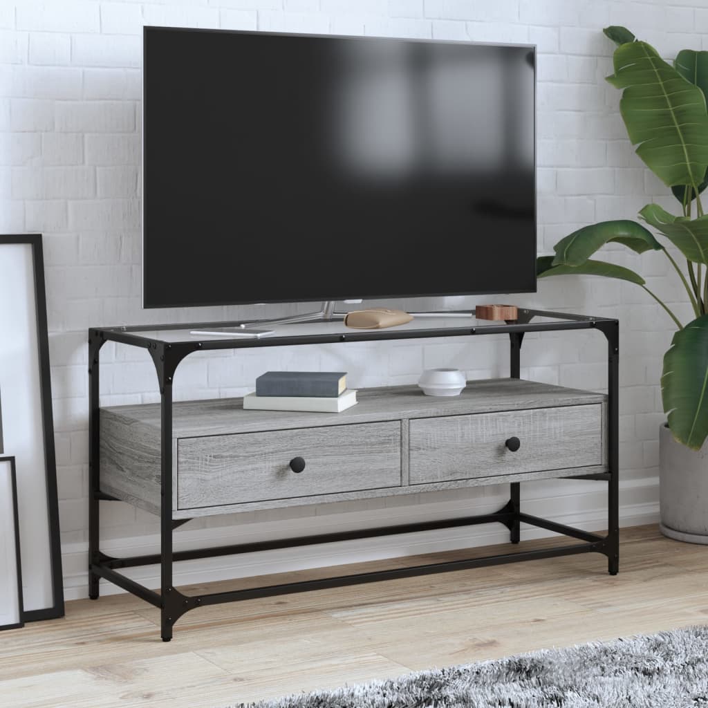 vidaXL TV Cabinet with Glass Top Grey Sonoma 98x35x51 cm Engineered Wood