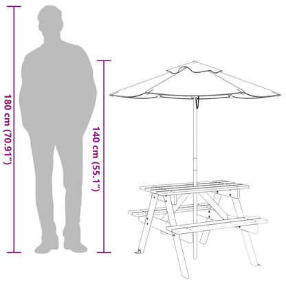 vidaXL Picnic Table for 4 Kids with Umbrella Solid Wood Fir