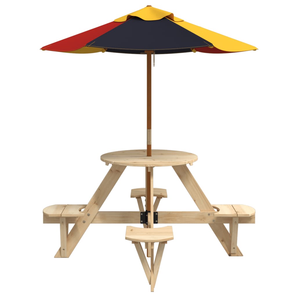 vidaXL Picnic Table for 4 Kids with Umbrella Round Solid Wood Fir