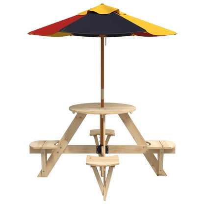 vidaXL Picnic Table for 4 Kids with Umbrella Round Solid Wood Fir