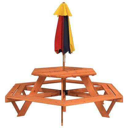 vidaXL Picnic Table for 6 Kids with Umbrella Hexagon Solid Wood Fir