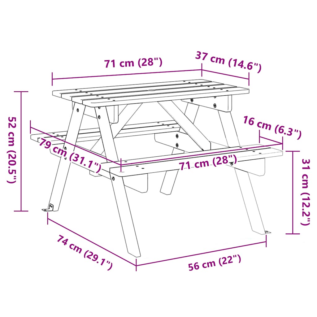 vidaXL Picnic Table for 4 Kids with Umbrella Hole Solid Wood Fir