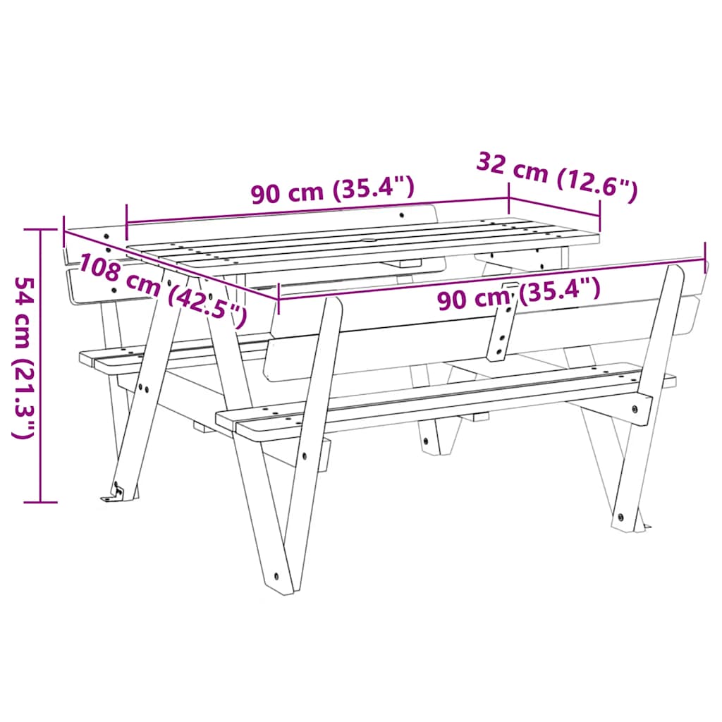 vidaXL Picnic Table for 4 Kids with Umbrella Hole Solid Wood Fir