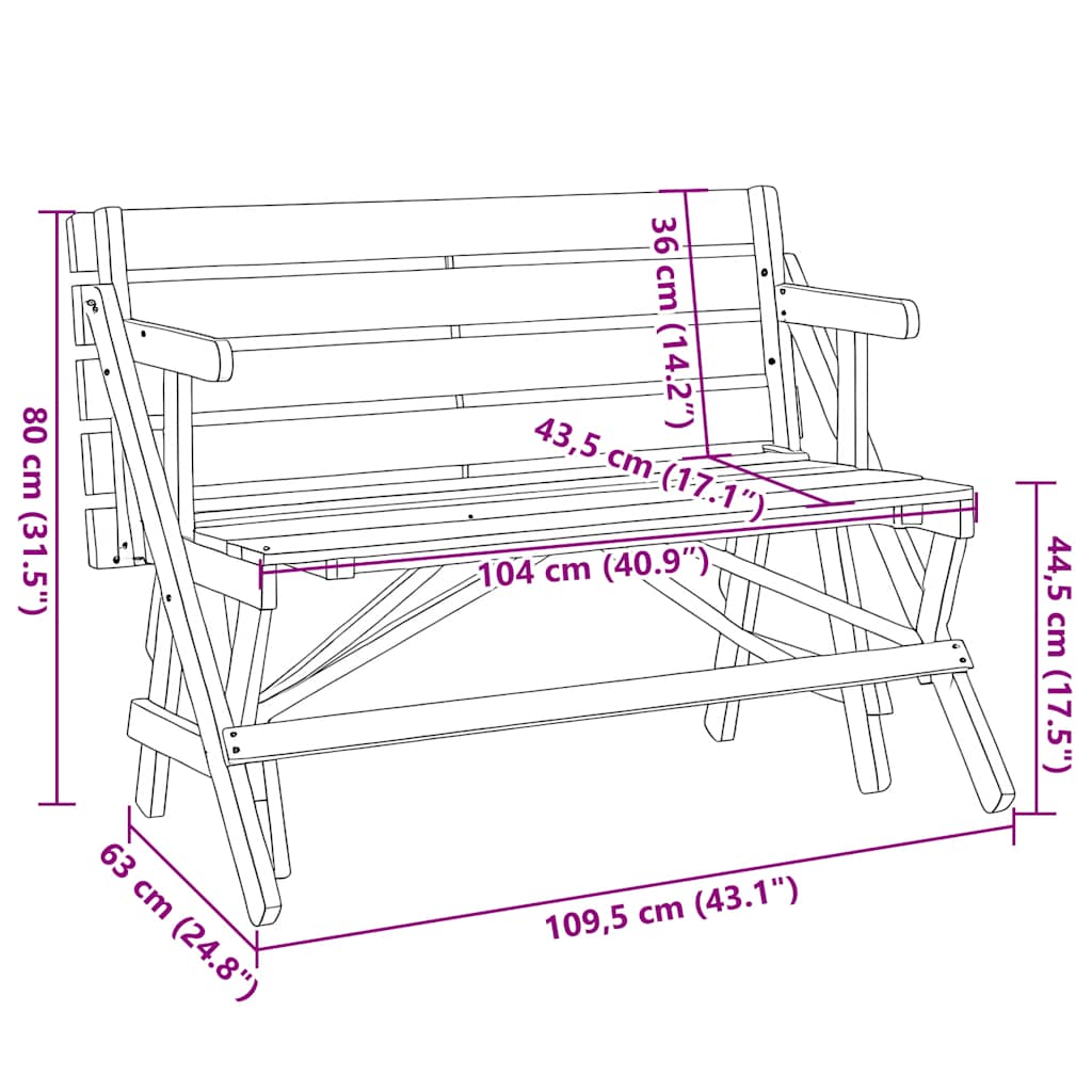 vidaXL Picnic Table with Benches Solid Wood Fir 2-in-1 Convertible