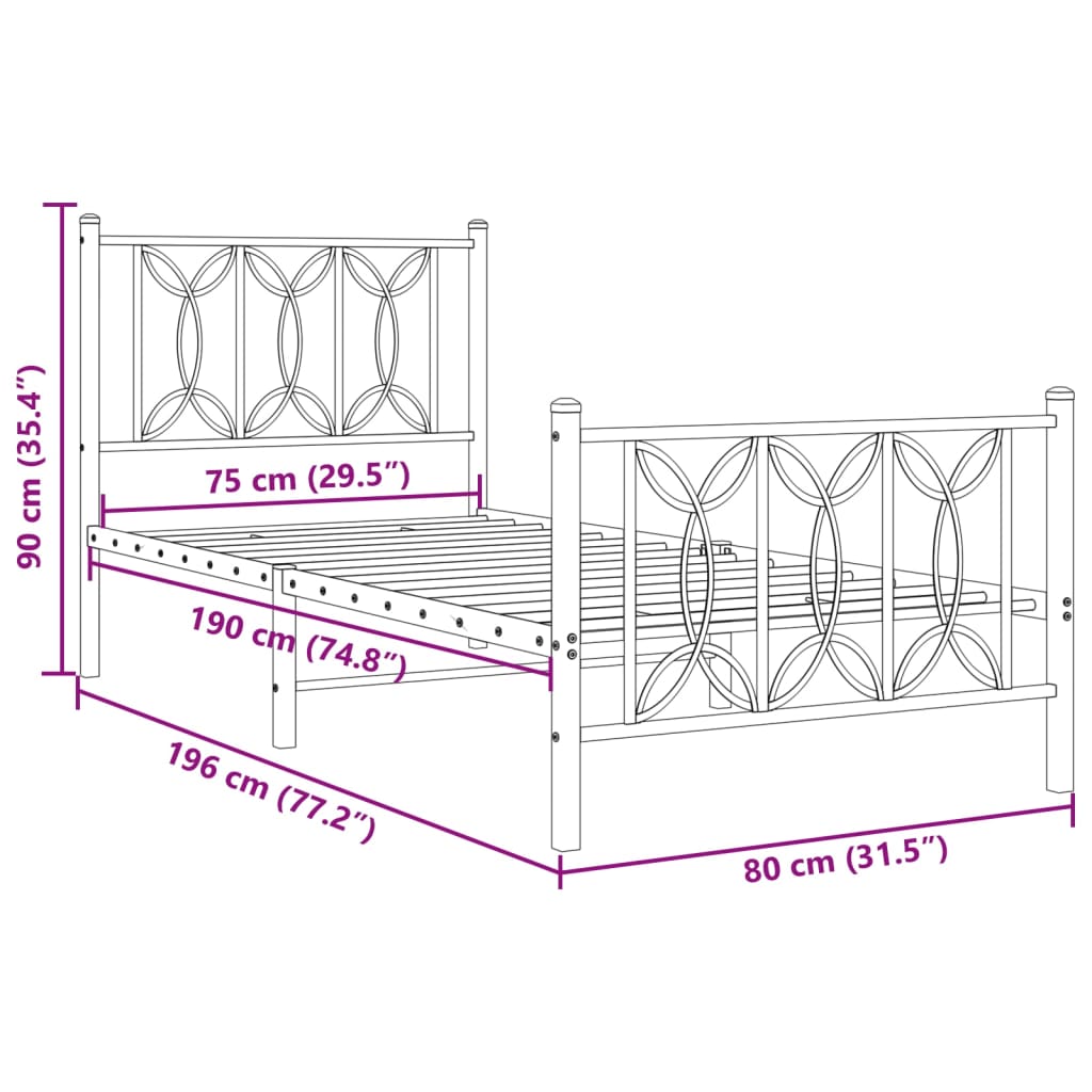 vidaXL Metal Bed Frame without Mattress with Footboard White 75x190cm