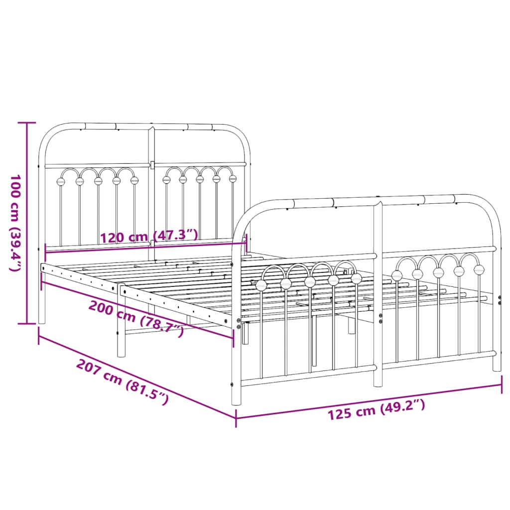 vidaXL Metal Bed Frame without Mattress with Footboard Black 120x200cm