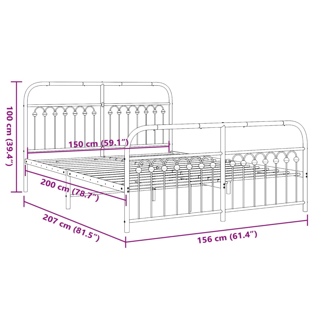 vidaXL Metal Bed Frame without Mattress with Footboard Black 150x200cm