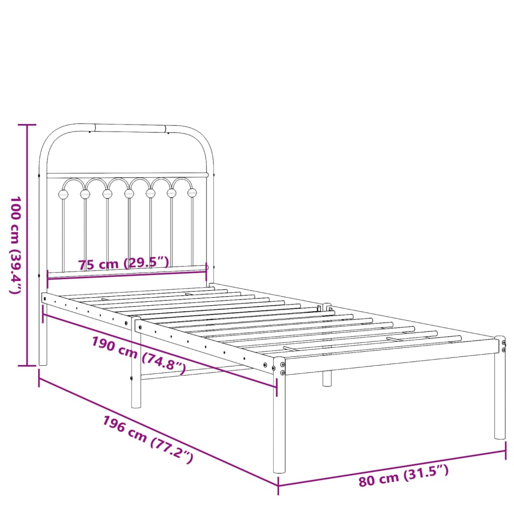 vidaXL Metal Bed Frame without Mattress with Headboard White 75x190cm