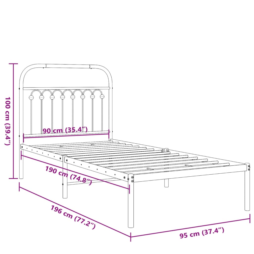 vidaXL Metal Bed Frame without Mattress with Headboard White 90x190cm