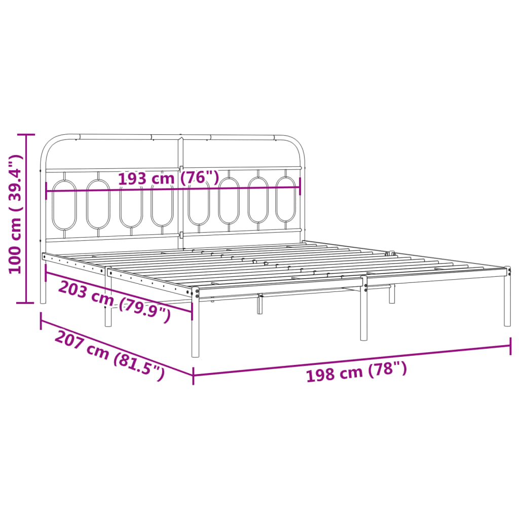 vidaXL Metal Bed Frame without Mattress with Headboard Black 193x203cm