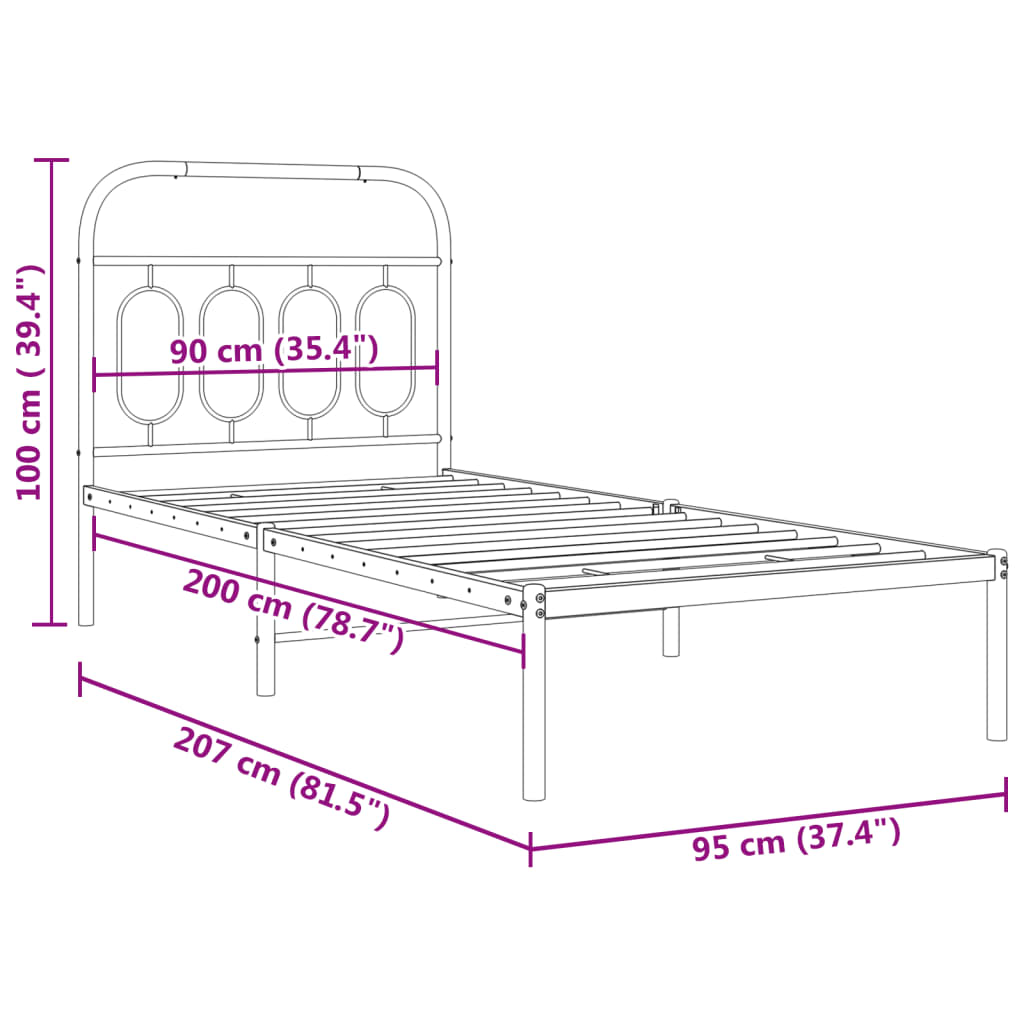 vidaXL Metal Bed Frame without Mattress with Headboard White 90x200cm