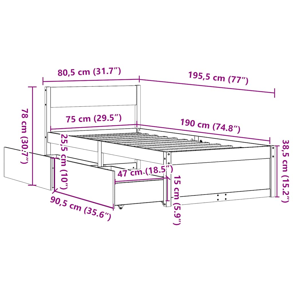 vidaXL Bed Frame without Mattress 75x190 cm Small Single Solid Wood Pine
