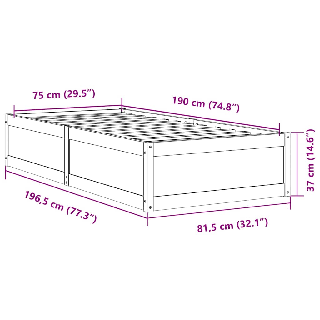 vidaXL Bed Frame without Mattress Wax Brown 75x190 cm Small Single Solid Wood Pine