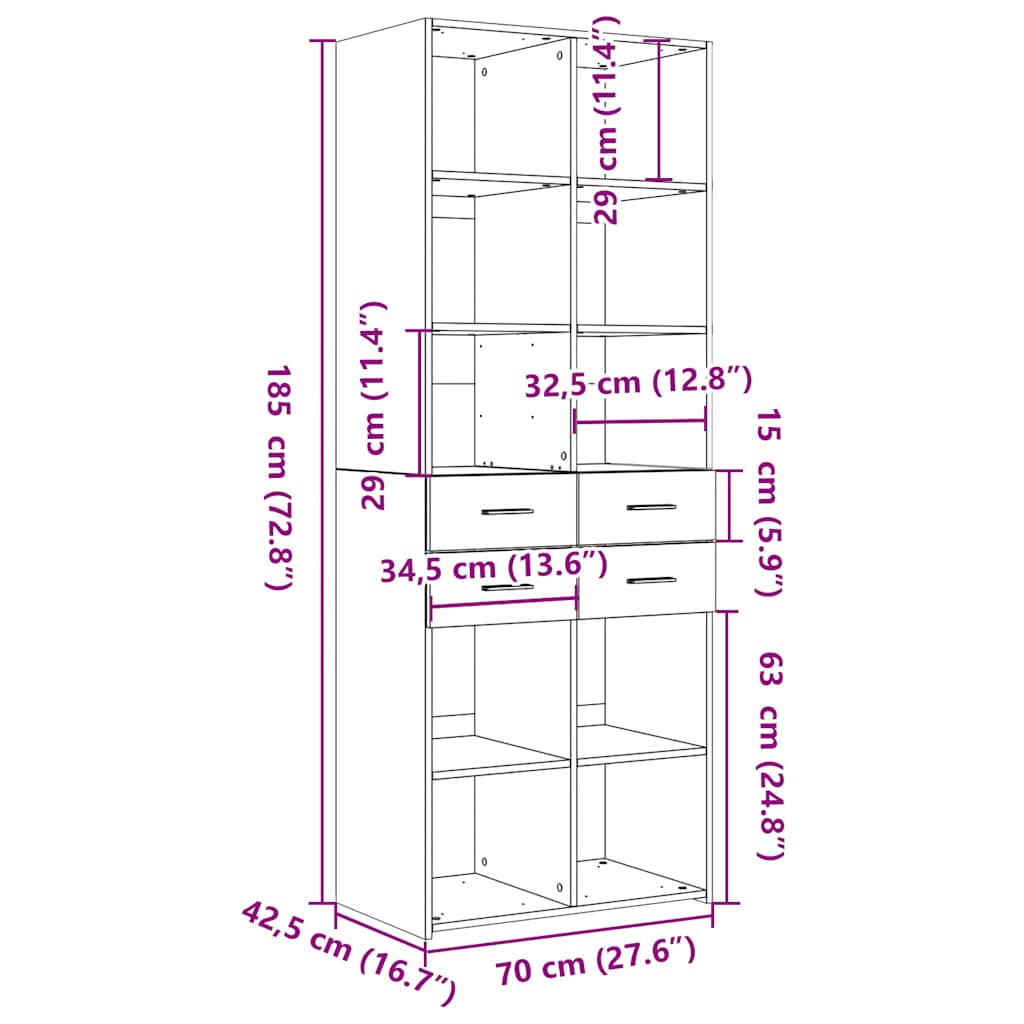 vidaXL Highboard Black 70x42,5x185 cm Engineered Wood
