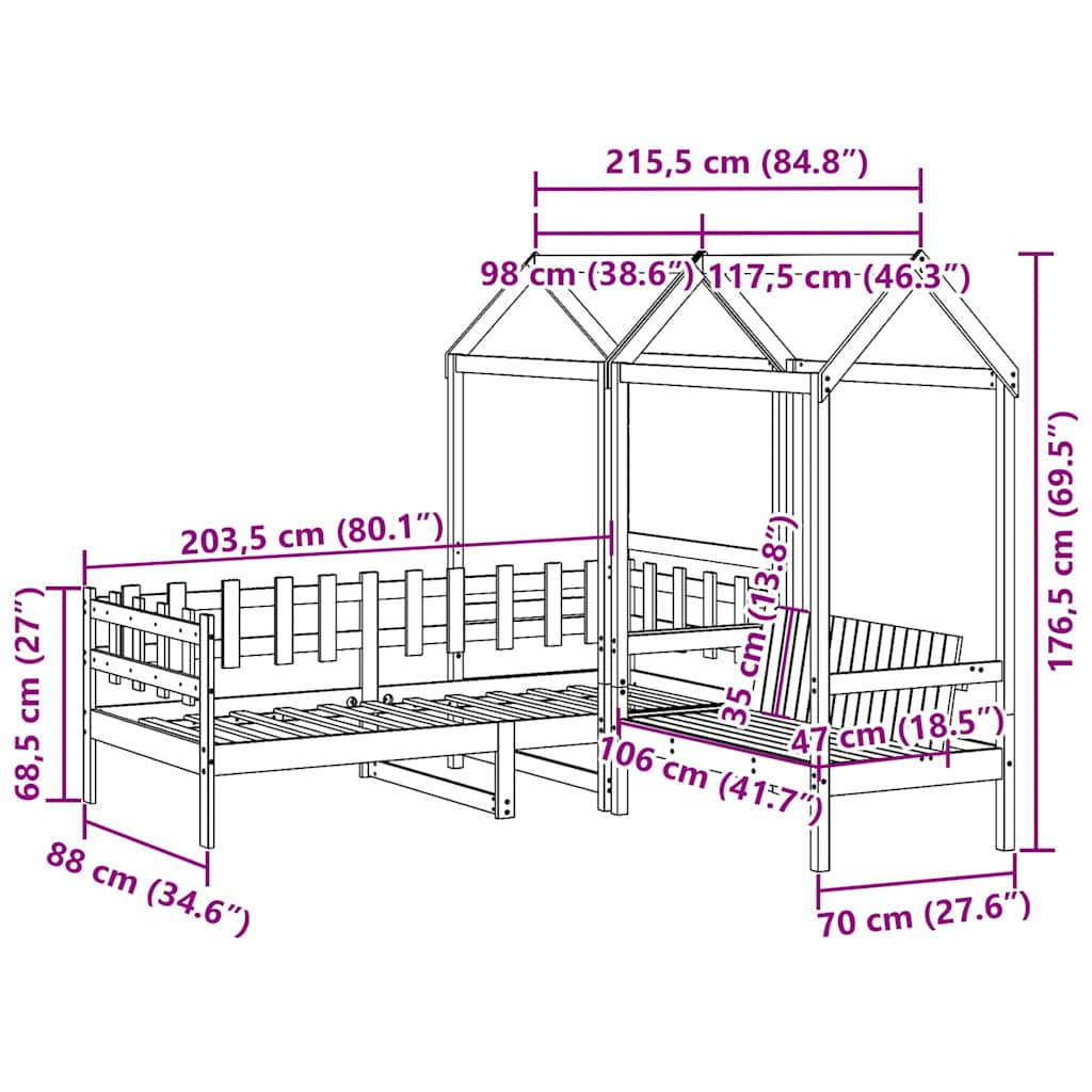 vidaXL Day Bed and Bench Set with Roof without Mattress White 80x200cm
