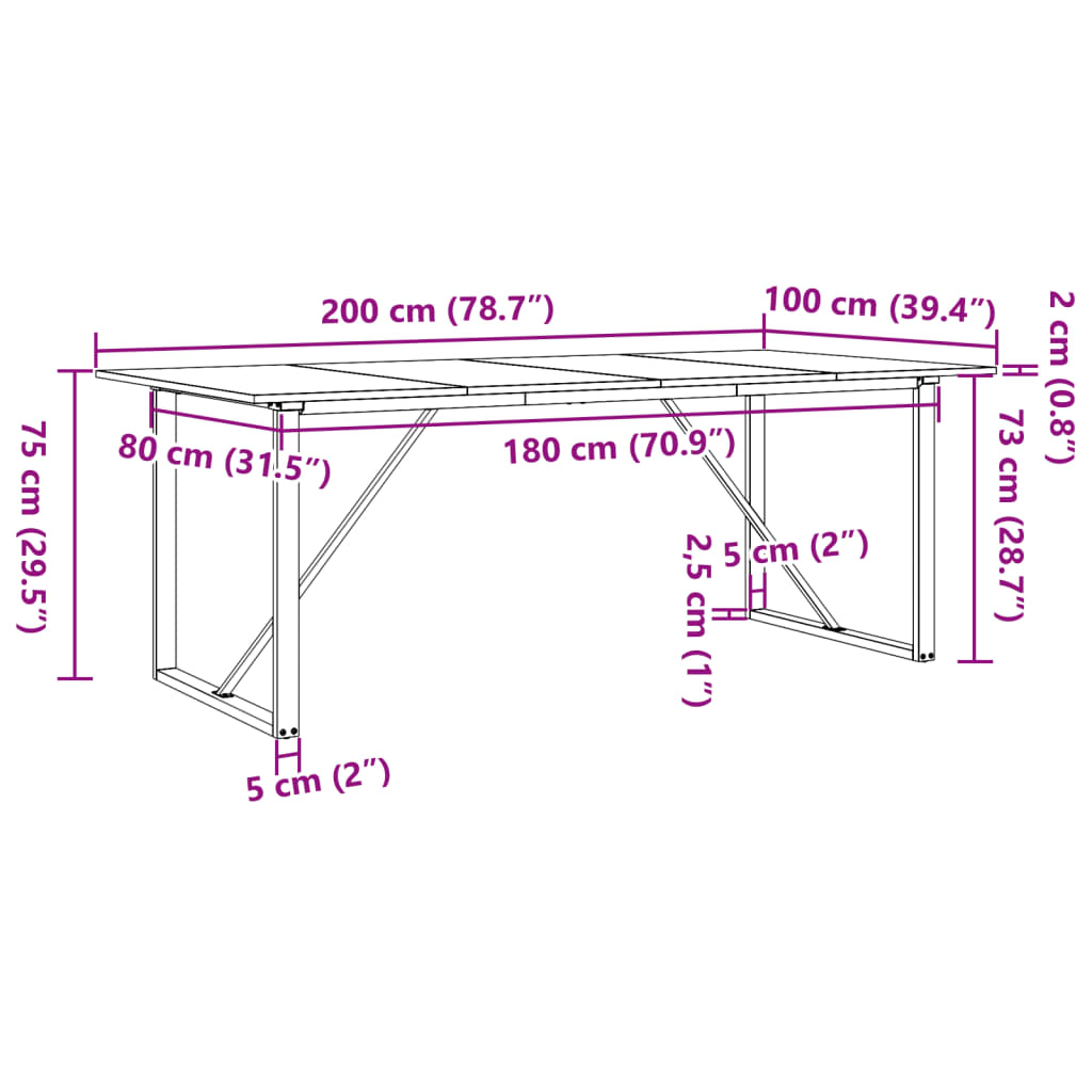 vidaXL Dining Table O-Frame 200x100x75 cm Solid Wood Pine and Steel