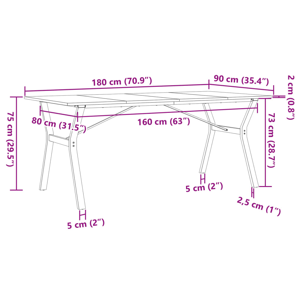 vidaXL Dining Table Y-Frame 180x90x75 cm Solid Wood Pine and Steel