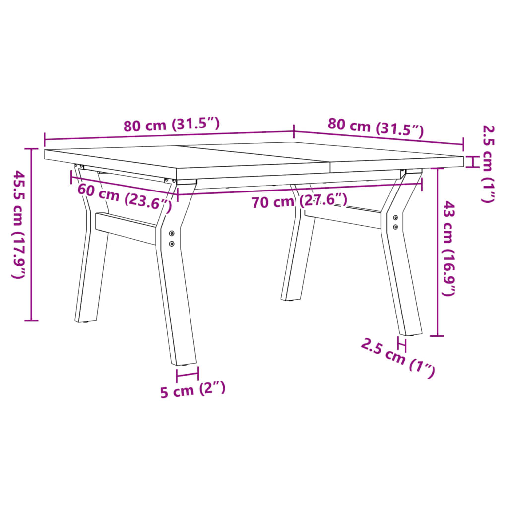 vidaXL Coffee Table Y-Frame 80x80x45.5 cm Solid Wood Pine and Steel