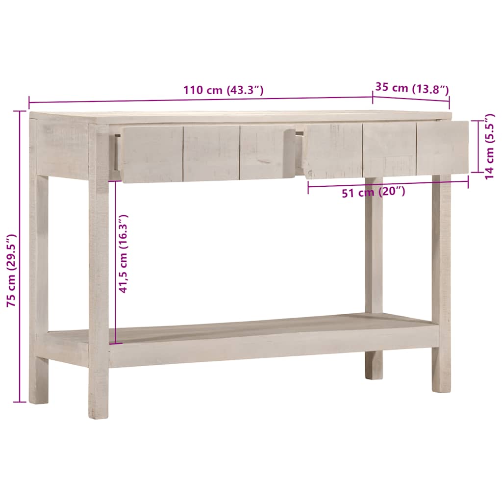vidaXL Console Table White 110x35x75 cm Solid Wood Mango
