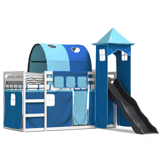 vidaXL Bunk Bed without Mattress with Slide and Curtains Blue 90x200 cm