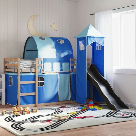 vidaXL Bunk Bed without Mattress with Slide and Curtains Blue 80x200 cm