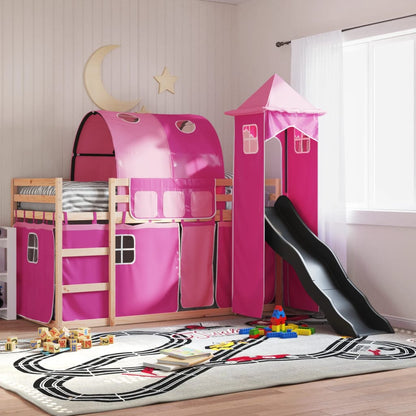 vidaXL Bunk Bed without Mattress with Slide and Curtains Pink 80x200 cm